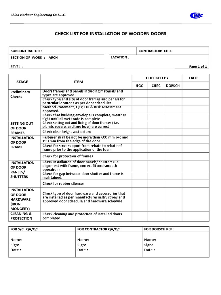 WoodenDoor Check List PDF Door Components