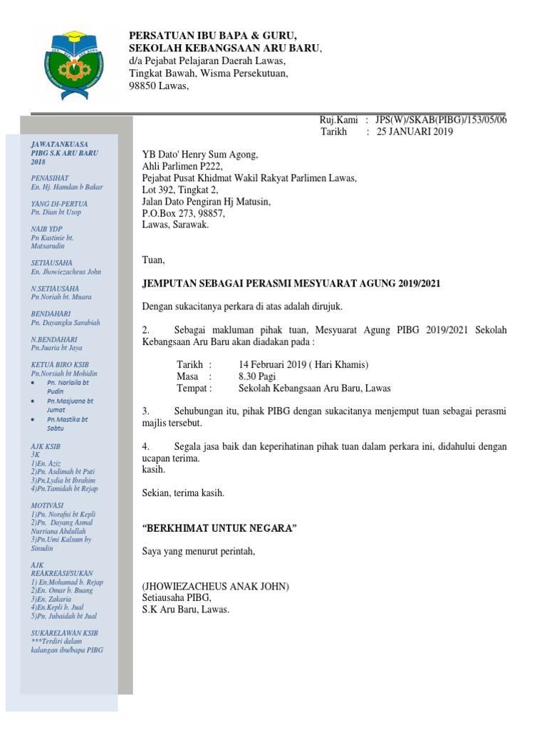 Surat Jemputan Yb Ke Mesyuarat Agung Pibg Pdf