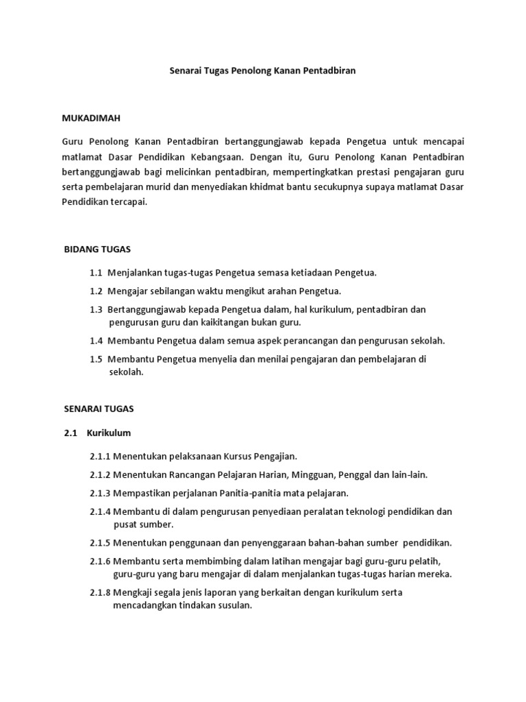 Senarai Tugas Penolong Kanan 1 Pdf