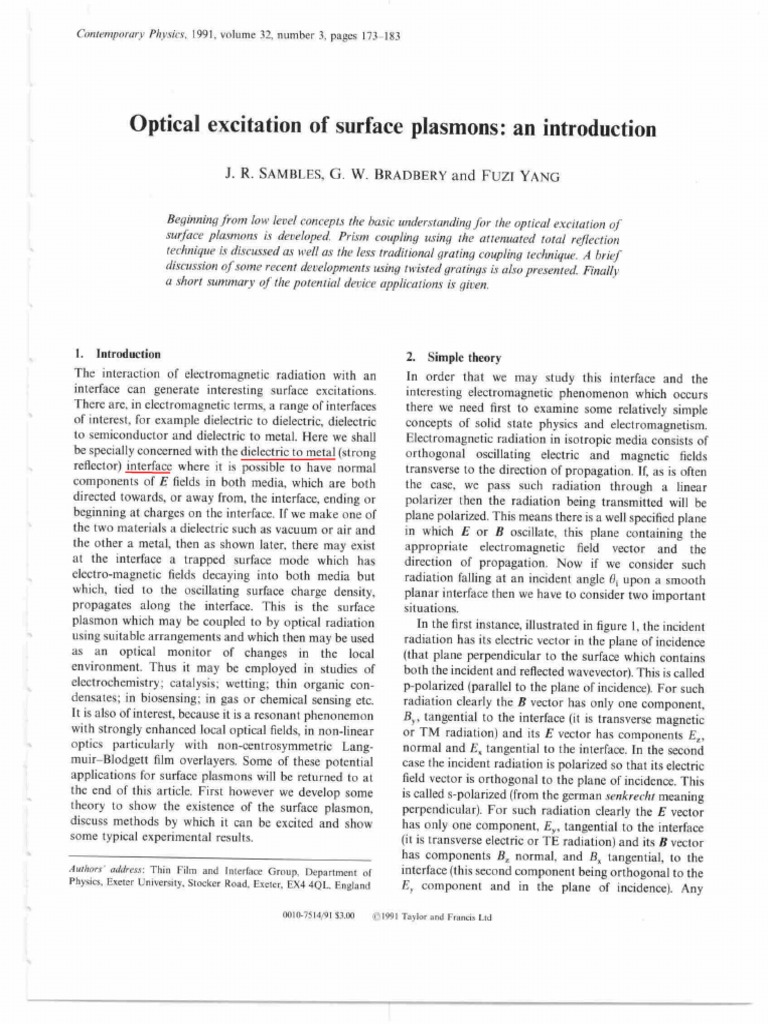 Optical Excitation of Surface Plasmons An Introduction | PDF