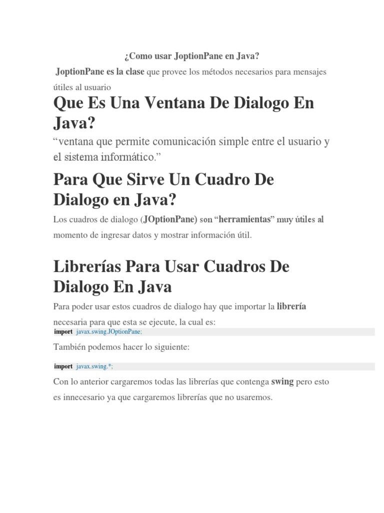 Uso de JOptionPane en Java | PDF | Java (lenguaje de programación ...