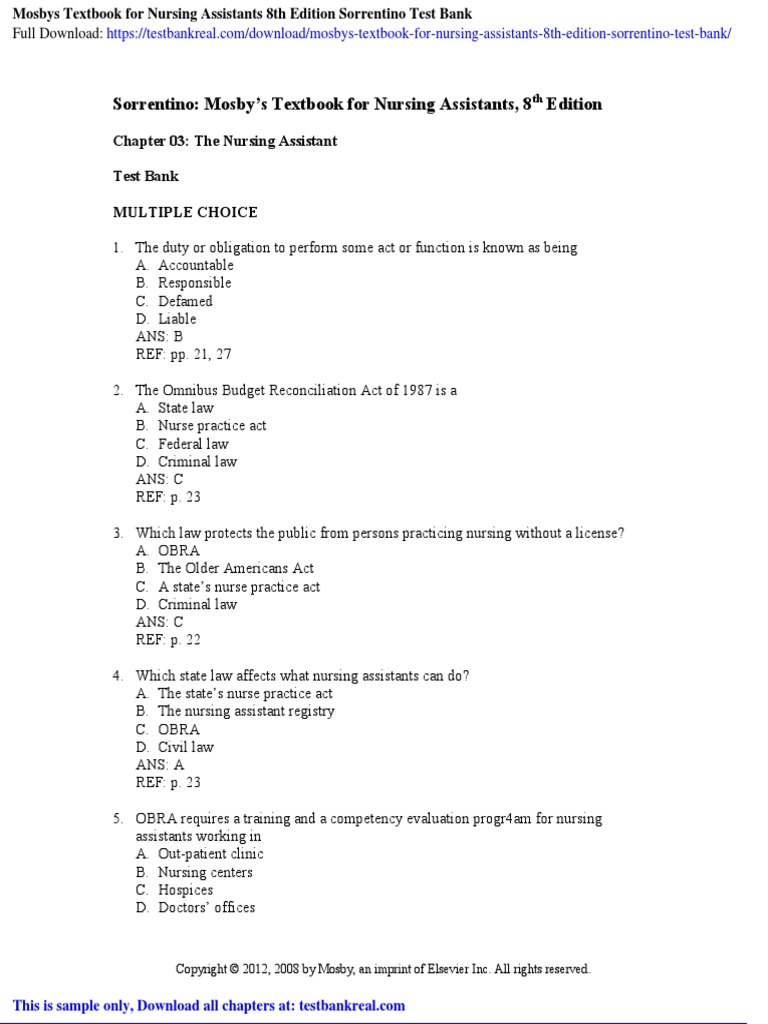 Mosbys Textbook For Nursing Assistants 8th Edition Sorrentino Test Bank ...