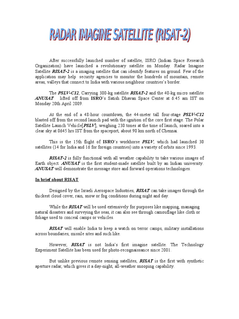 Launch of RISAT-2 Satellite by ISRO | PDF | Satellite | Spaceflight