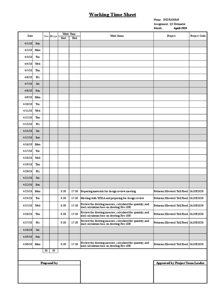 Working Time Sheet: Prepared by Approved by Project Team Leader | PDF ...