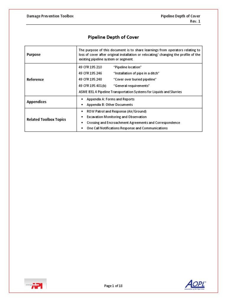 Pipeline Depth of Cover PDF Pipeline Transport Emergency Management