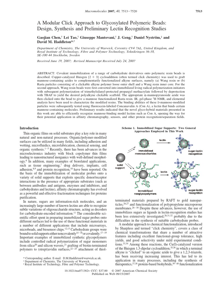 A Modular Click Approach To Glycosylated Polymeric Beads: Design ...