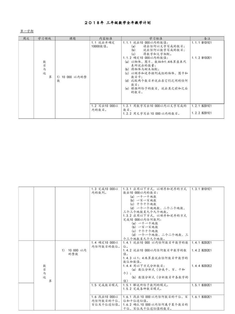 三年级数学全年计划