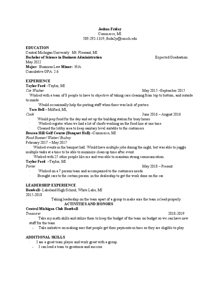 My Resume PDF Michigan Business - 1667080429