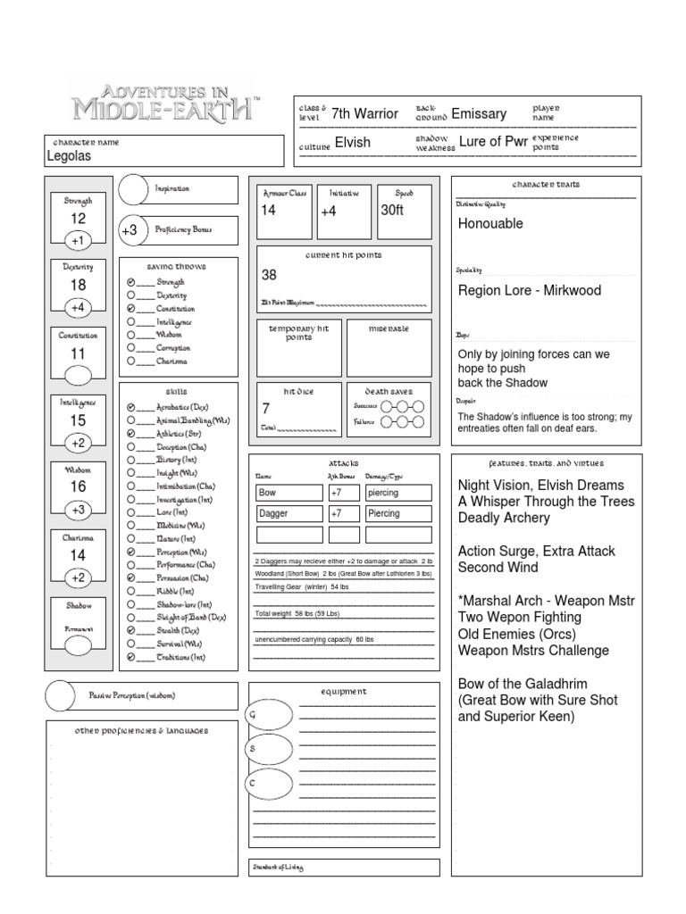 AME Character Sheet Legolas PDF | PDF | Leisure