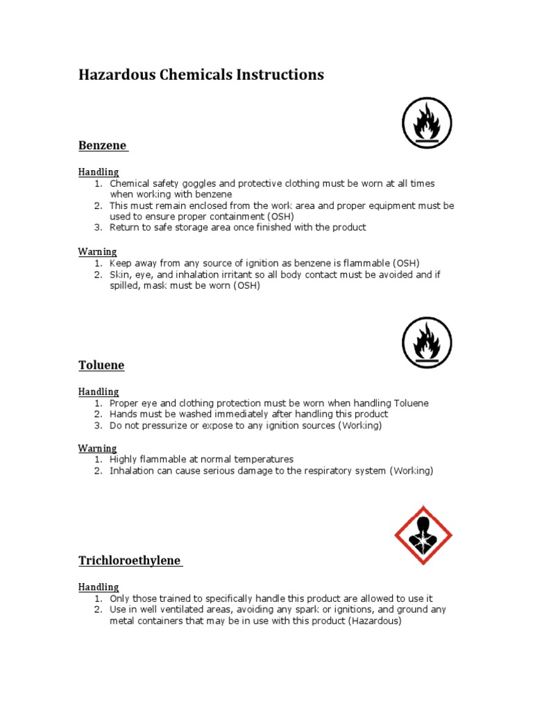 Hazardous Chemicals Instructions Benzene PDF Benzene Pollution