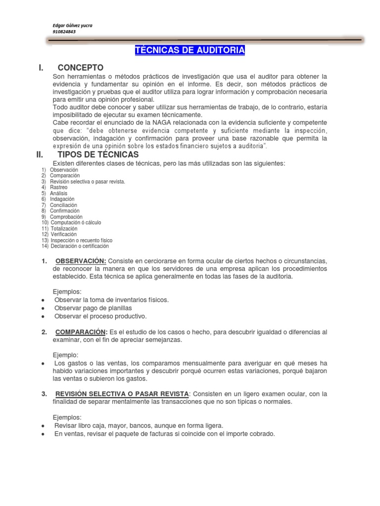Tecnicas De Auditoria Pdf Auditoría Contralor