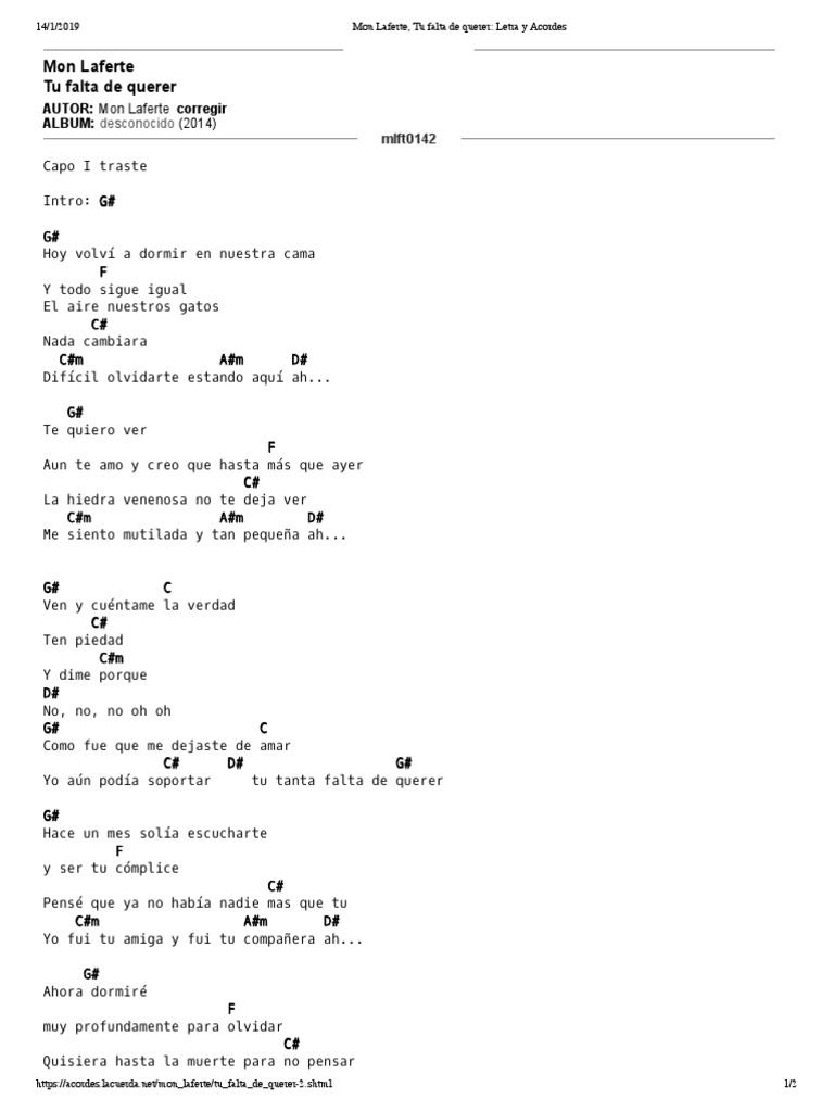 Mon Laferte, Tu Falta de Querer Letra y Acordes Álbumes Música grabada