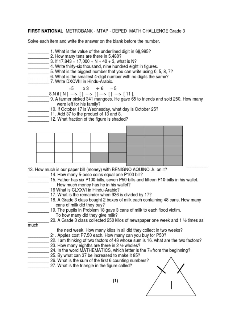 Grade 3 MTAP Math Challenge Questions | PDF | Area | Elementary Geometry