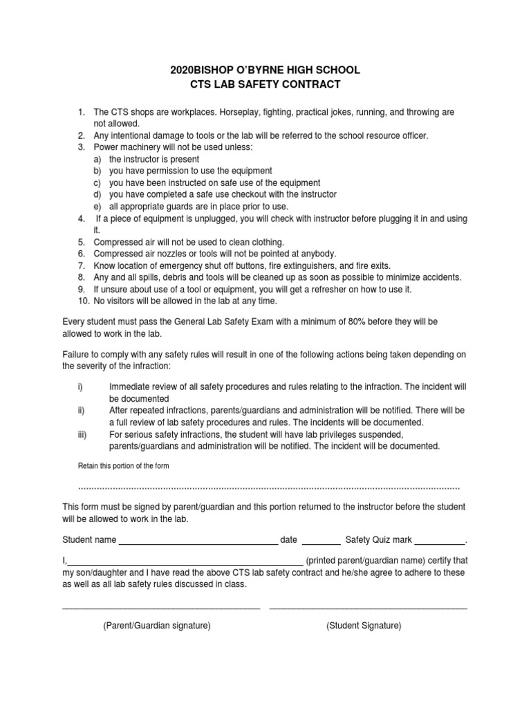 O 'Byrne High School Cts Lab Safety Contract Retain This