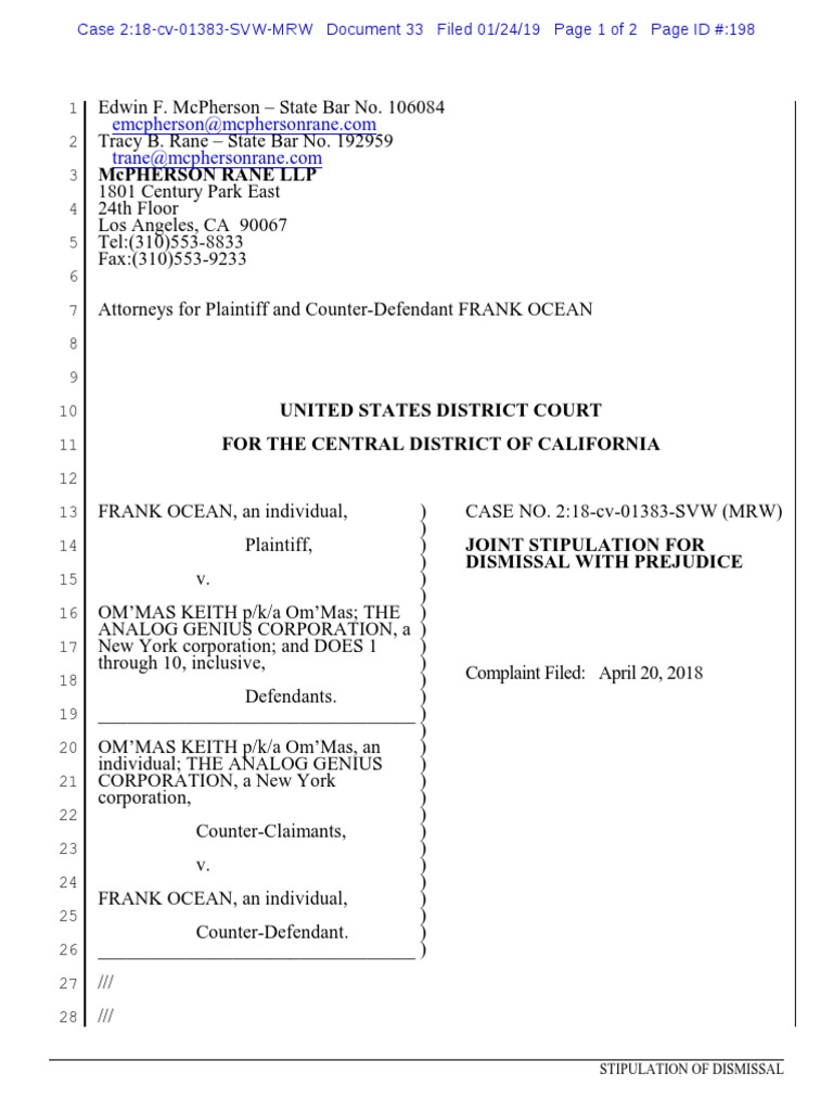 Ocean Keith Joint Stipulation For Dismissal | PDF | Complaint ...