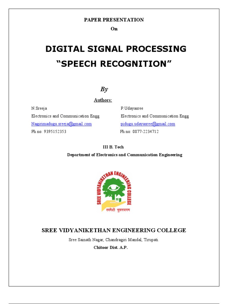 Digital Signal Processing "Speech Recognition" Paper Presentation On