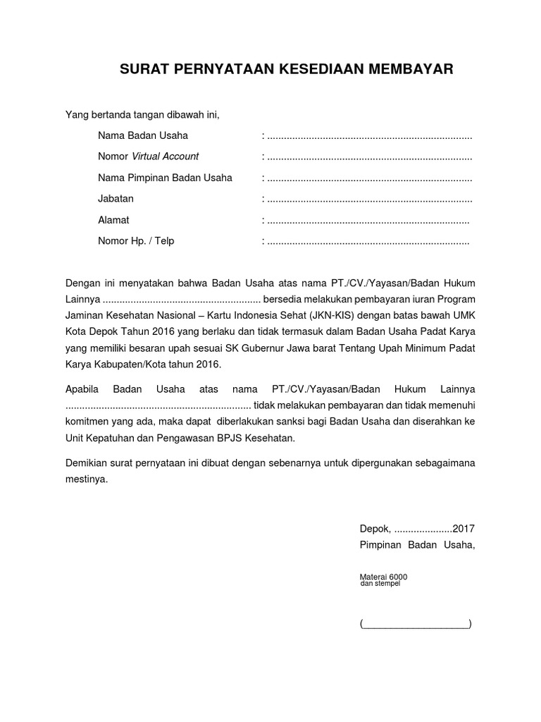 Surat Pernyataan Persediaan Bayar Umk