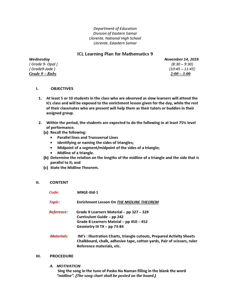 ICL Learning Plan: Midline Theorem | PDF | Triangle | Elementary Geometry