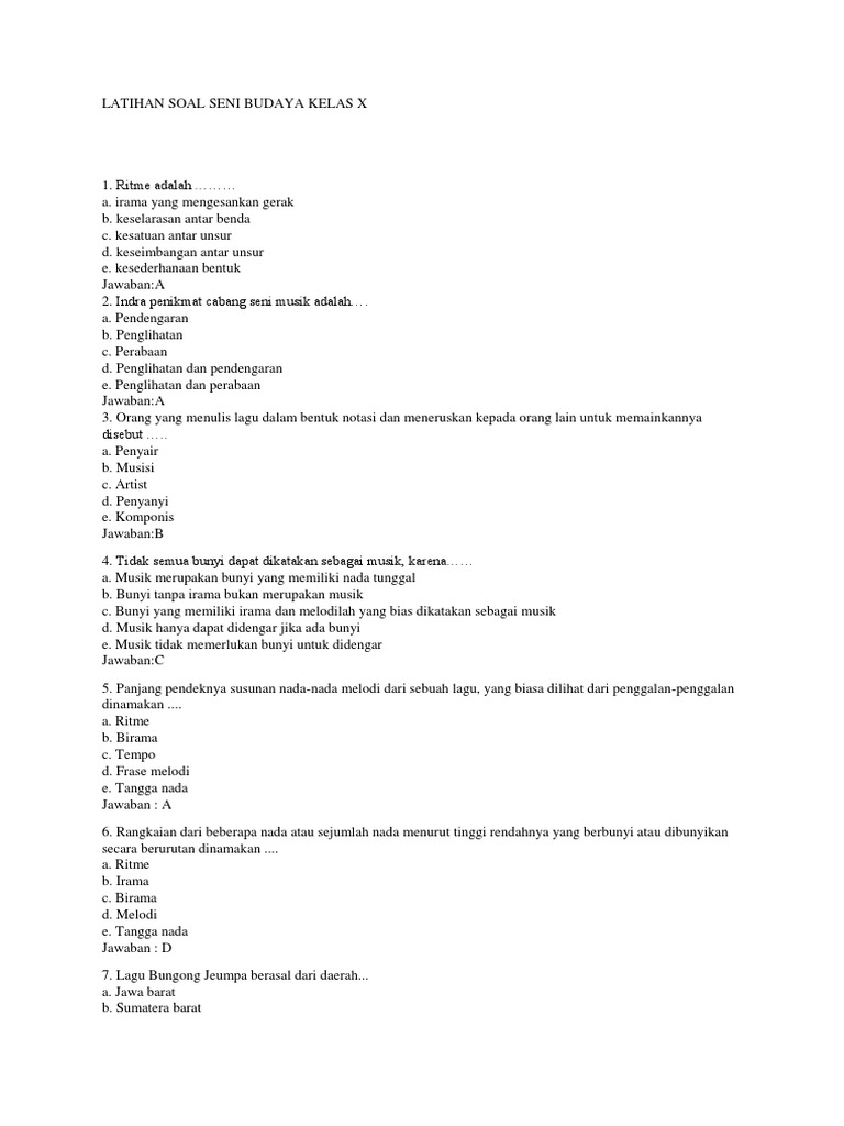 Soal Seni Budaya Kelas X Pts 1 Jawaban Pdf