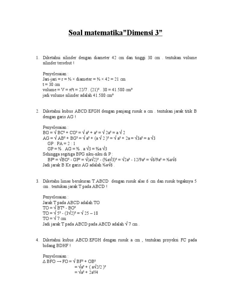 Soal Matematika Dimensi 3