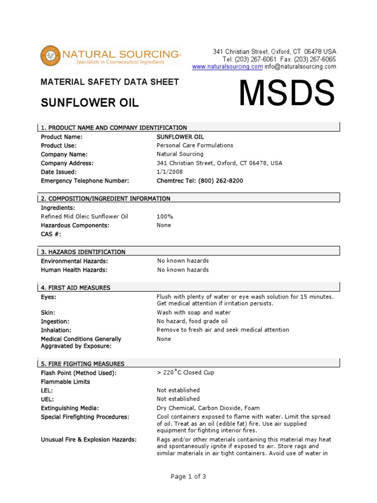 MSDS Sunflower Oil Carbon Dioxide Water