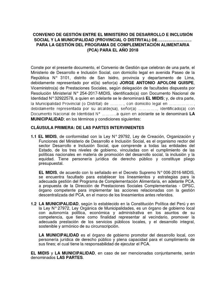 MIDIS Convenio de Gestion Pca 2018 | PDF | Gobierno local | Presupuesto