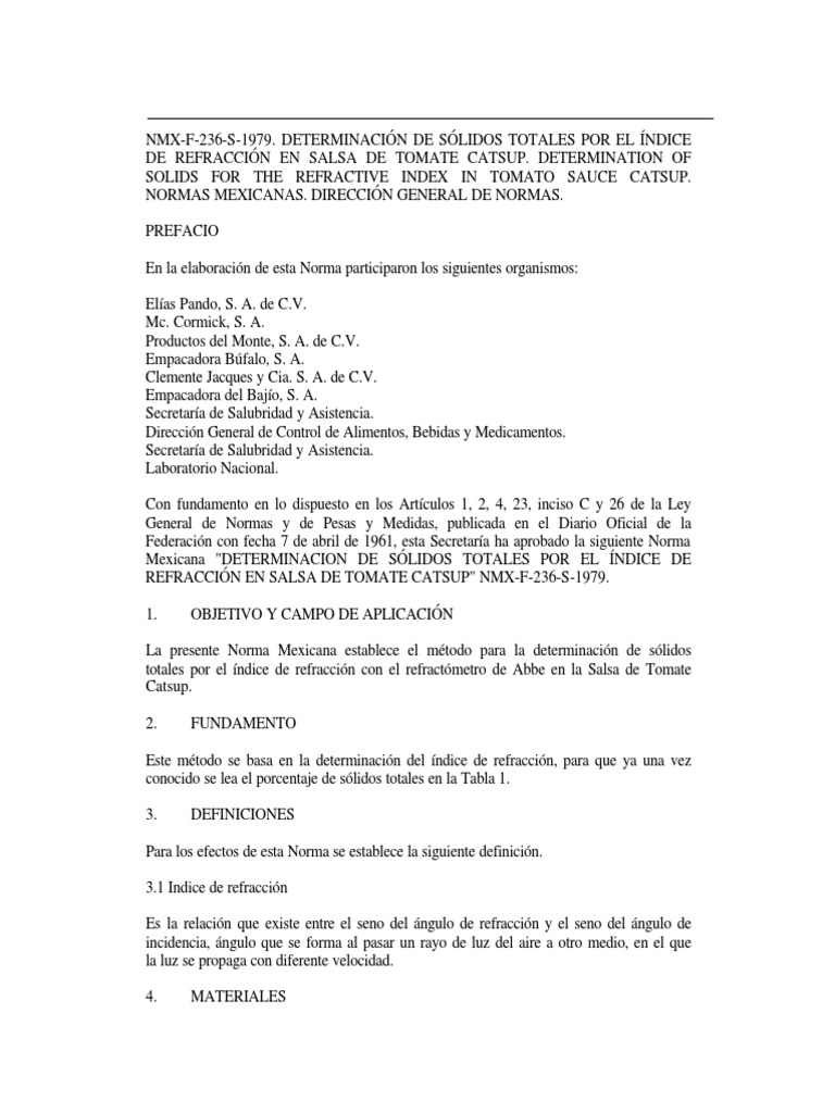 NMX-F-236-S-1979. Determinación de Sólidos Totales Por El Índice PDF