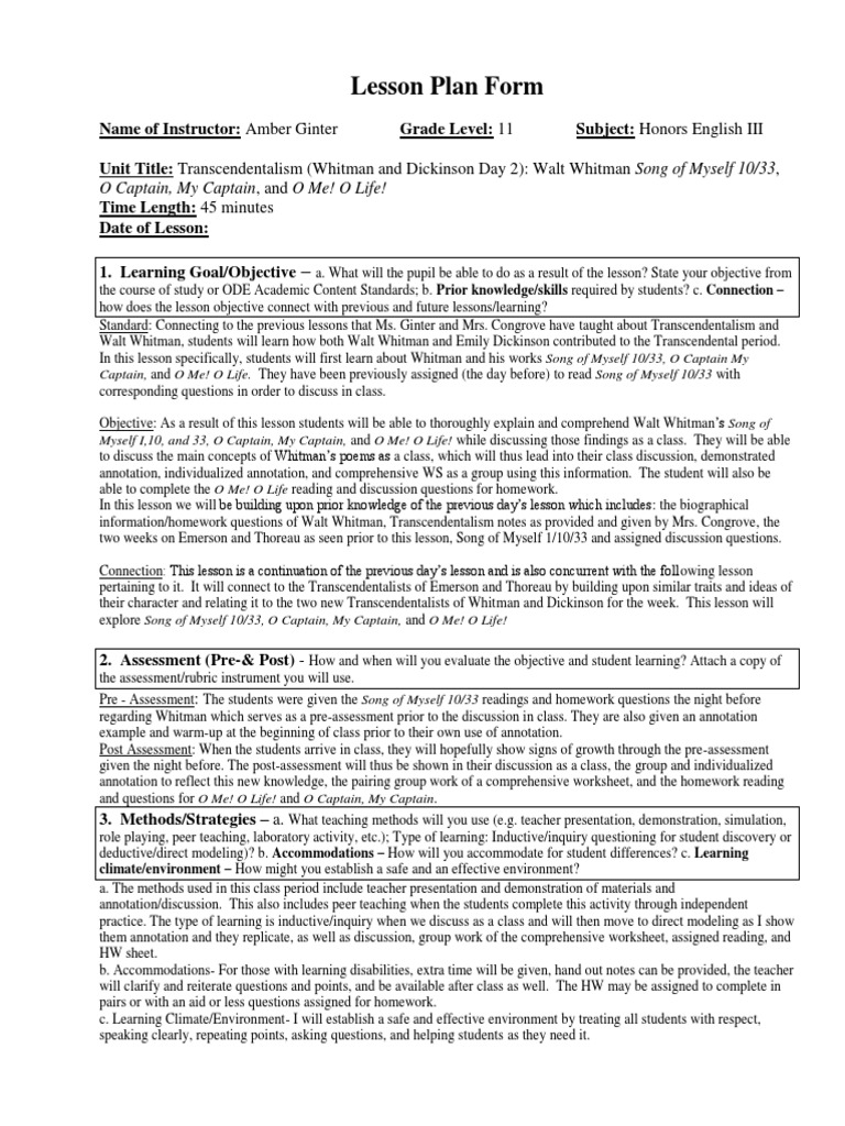 Stlesson 2 Whitman And Transcendentalism Word English Language