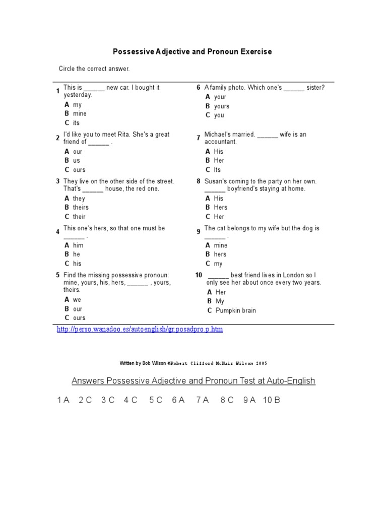 10e Possessive adjectives and Pronouns answer key doc