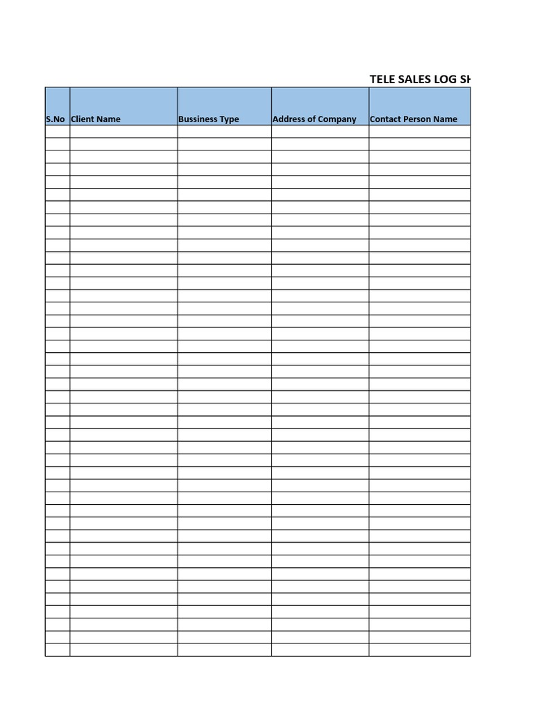 Tele Sales Log Sheet: S.No Client Name Bussiness Type Address of ...
