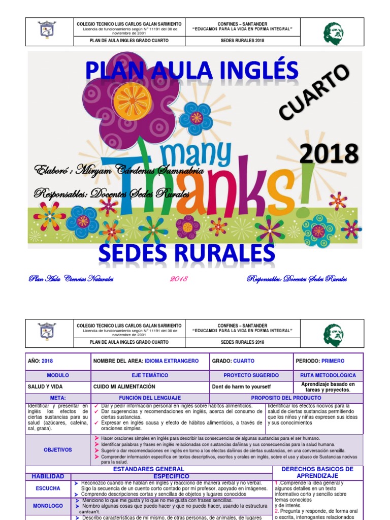Plan de Aula Inglés Cuarto Grado 2018 | PDF | Salón de clases | Aprendizaje