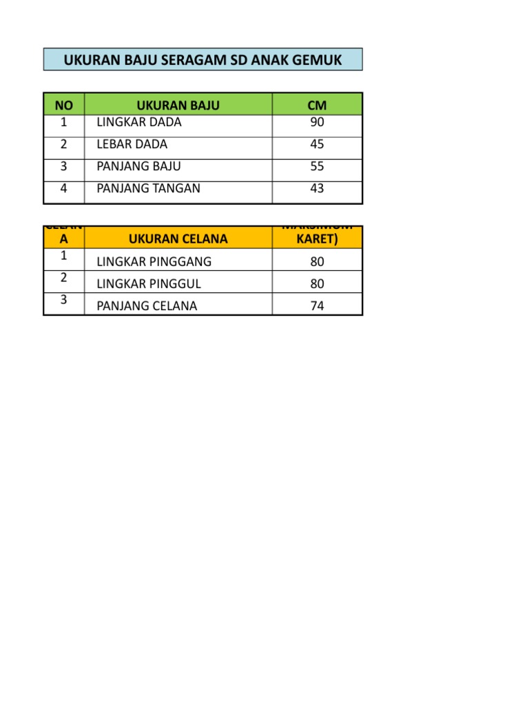 Ukuran Baju Sekolah Sd Anak Gemuk