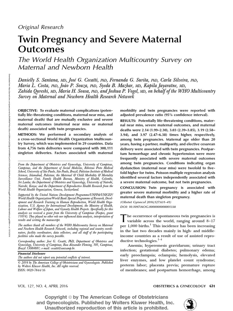 Twin Pregnancy And Severe Maternal Outcomes The 3 Pdf Maternal