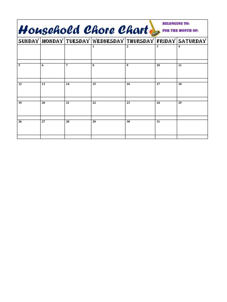 Monthly Household Chore Chart | PDF
