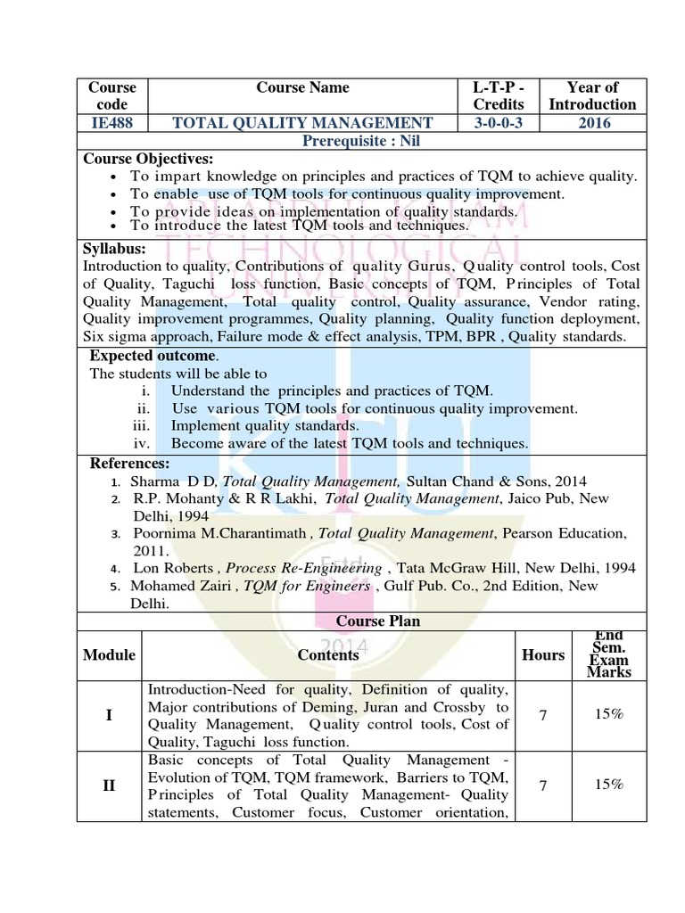 Total Quality Management Course Syllabus | PDF | Quality Management ...