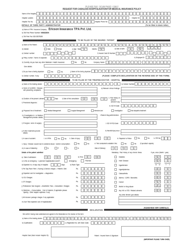 Ericson TPA Standard Preauth Request Form | PDF | Hospital | Patient