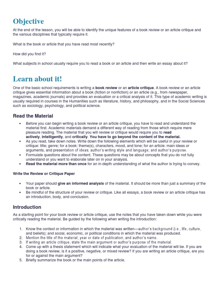 Lesson Guide On Book Review  PDF  Essays  Critique