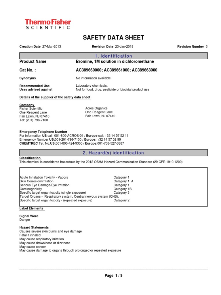 Bromine, 1m Solution in 100ml PDF Carcinogen Carbon Dioxide