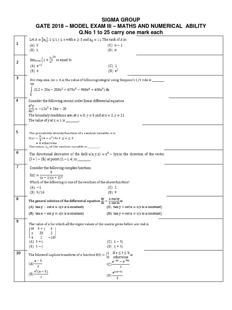 Sigma Group GATE 2018 - Model Exam Iii - Maths and Numerical Ability Q ...