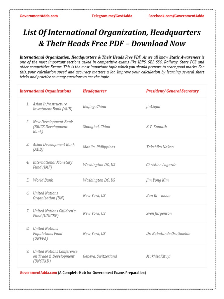 International Organizations & Headquarters List | PDF | United Nations ...