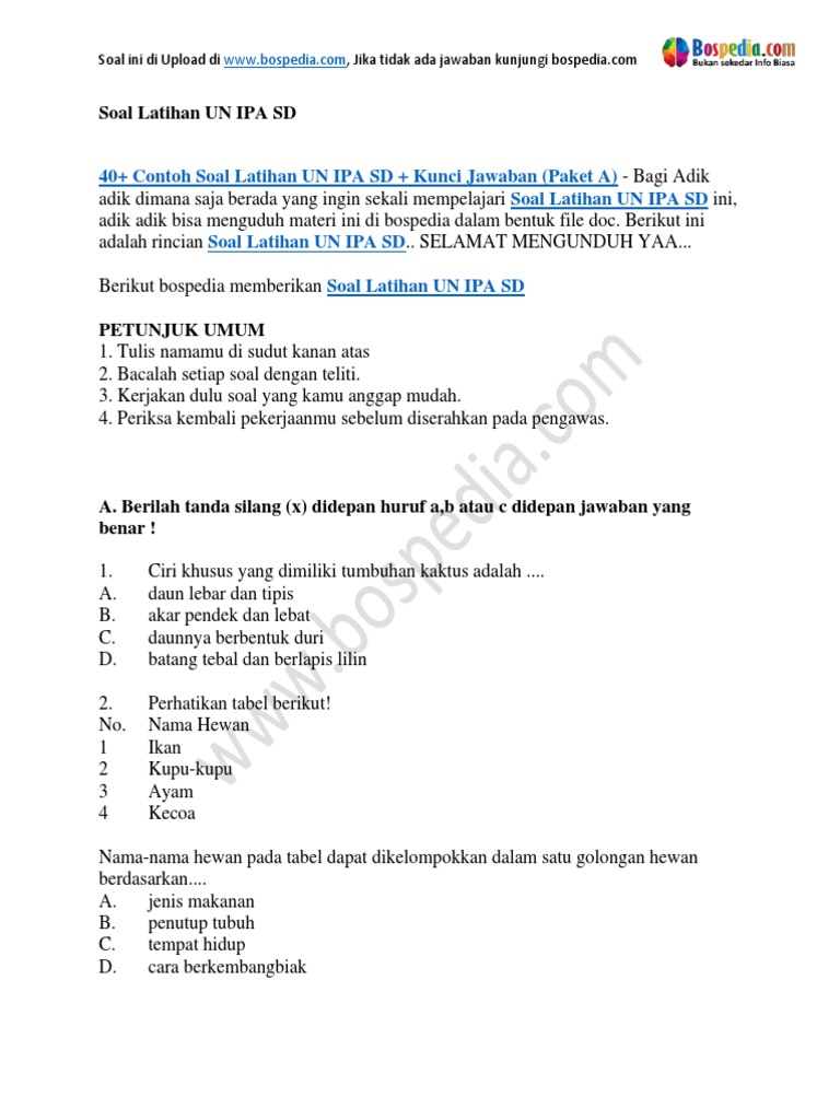 40 Contoh Soal Latihan Un Ipa Sd Kunci Jawaban Paket A 1