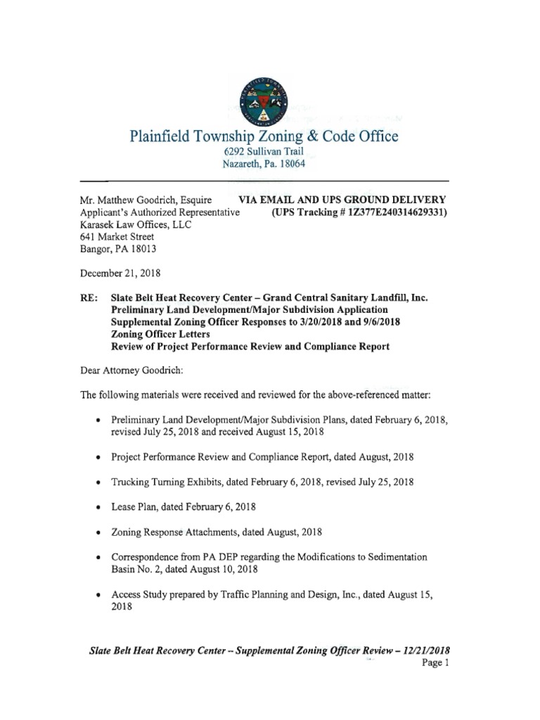 Plainfield Township Zoning Office Review Dec 21 2018 Synagro Land