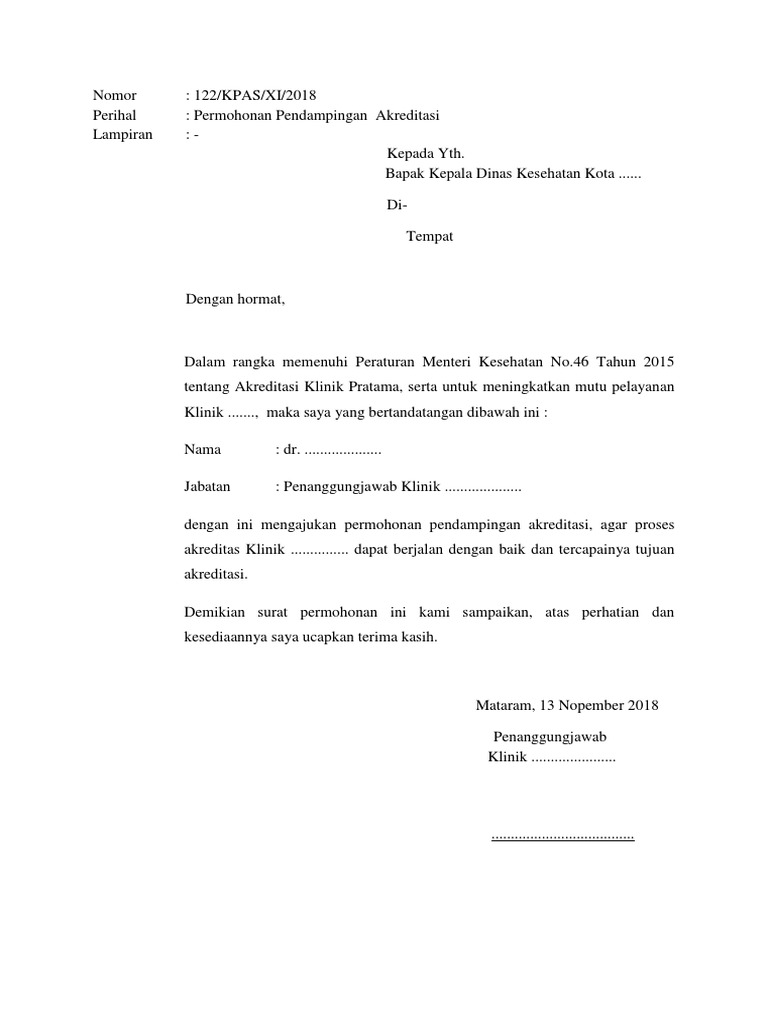Contoh Surat Permohonan Pendampingan Akreditasi Ke Dikes