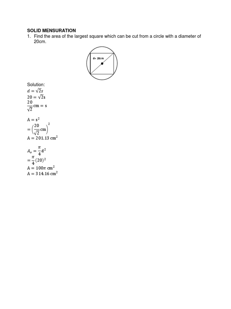 Find The Area of The Largest Square Which Can Be Cut From A Circle With ...