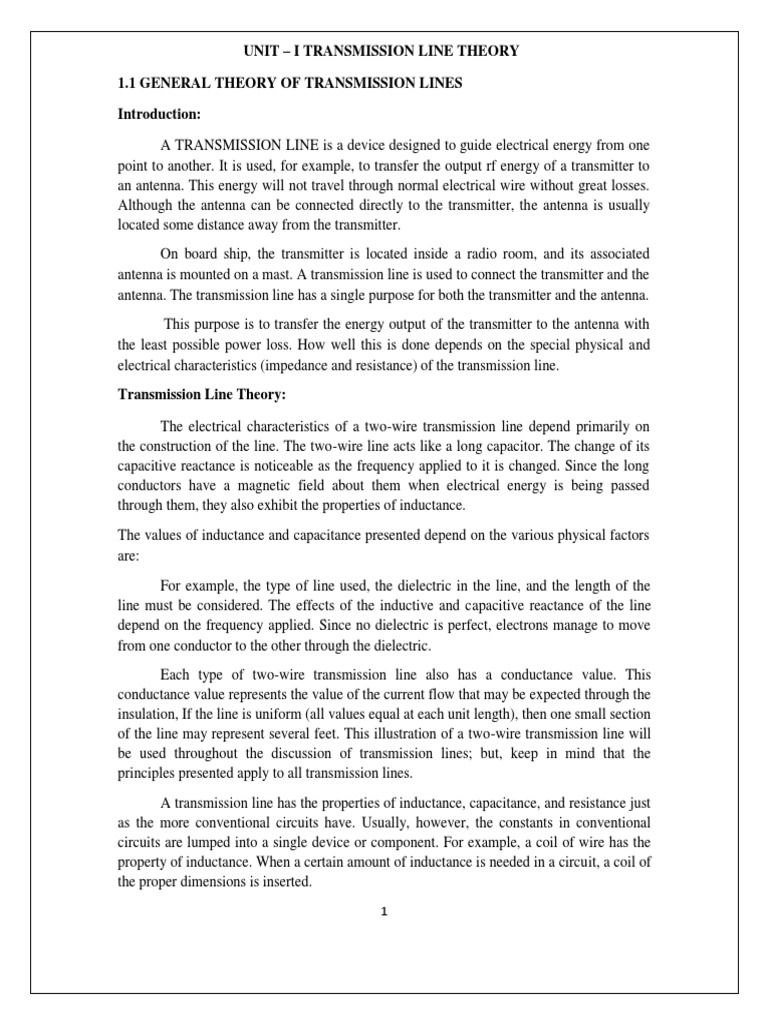 Unit I Transmission Line Theory 1.1 General Theory of Transmission