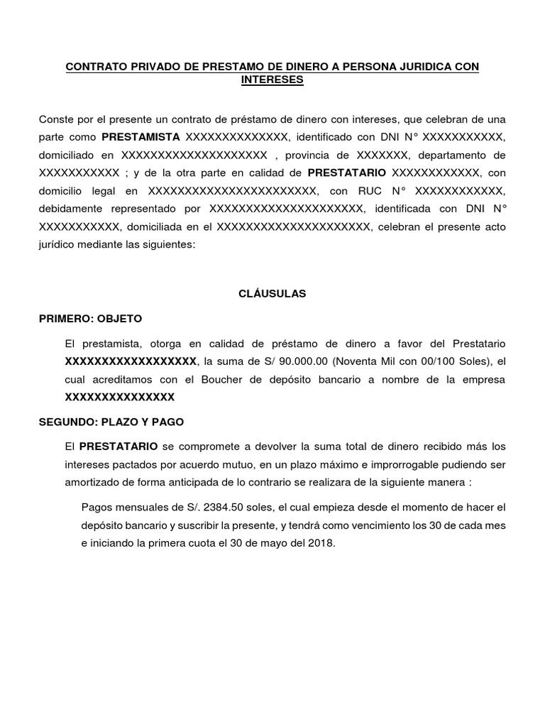 Modelo Contrato de Prestamo de Dinero A Persona Juridica + Intereses | PDF  | Amortización (Negocio) | Interés