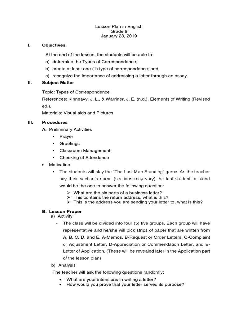 Lesson Plan in English  PDF  Lesson Plan  Teachers