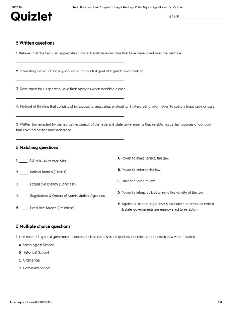 Test Business LawChapter 1 Legal Heritage &amp; The Digital Age (Exam