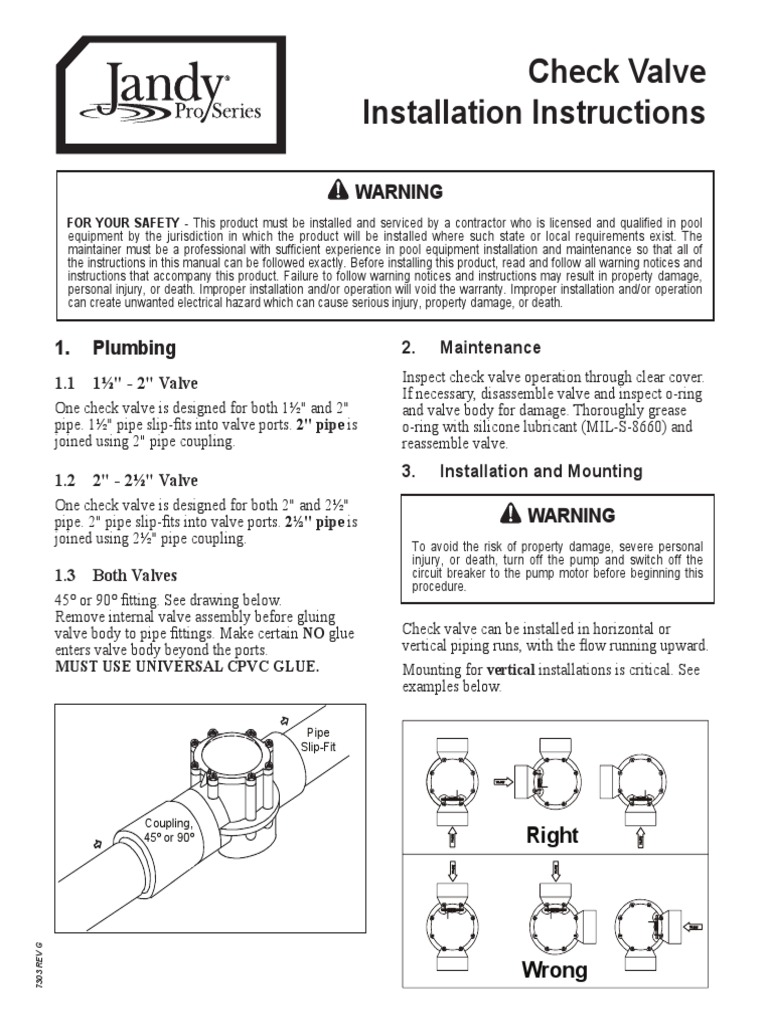 Jandy Check Valve Installation Guide PDF Valve Pipe (Fluid