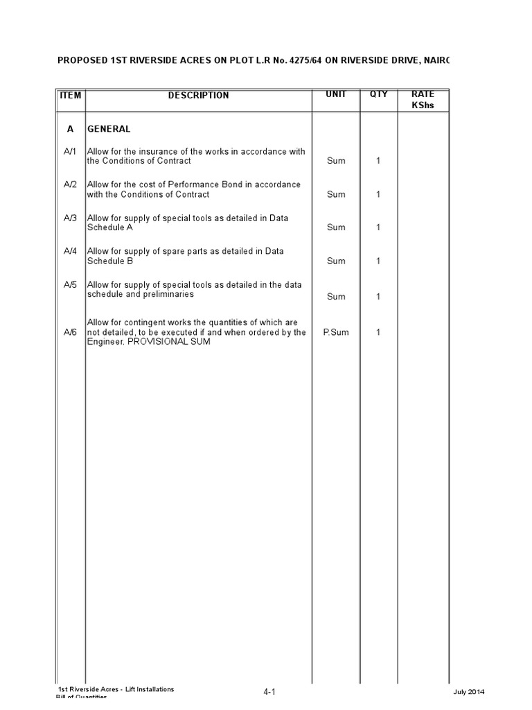 Section 4 Lift Bill of Quantities PDF Elevator Transport